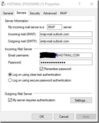 WLM properties IMAP Hotmail W10